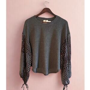 Blu Pepper Womens Boho Knit Top Patterned Balloon Sleeves – Charcoal Gray Size S